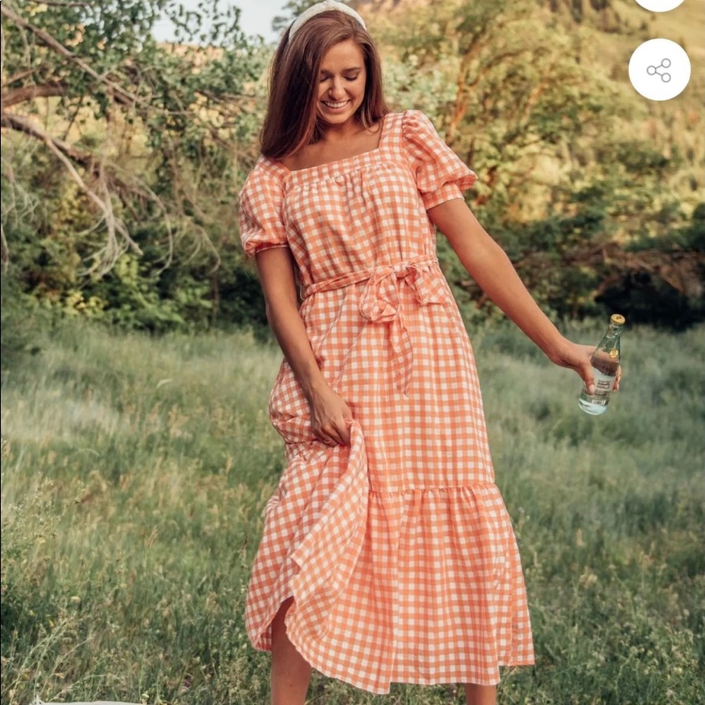 Orange gingham midi picnic dress